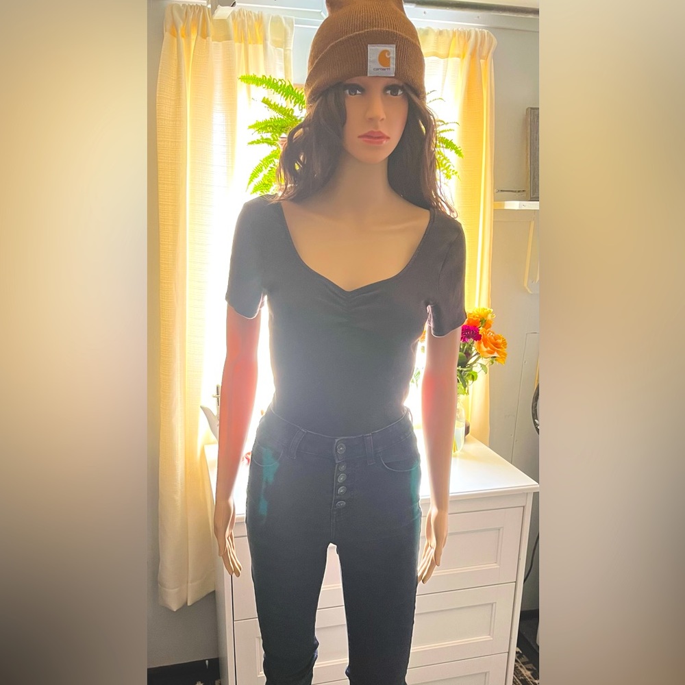 This super cute bodysuit at a great price can be yours! Distressed brown!
